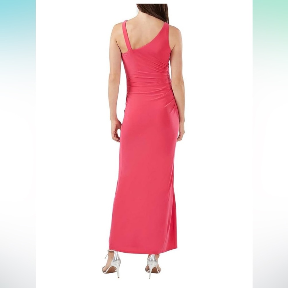 BCBGMaxAzria Raspberry Asymmetrical Ruched Slit Gown Dress - Picture 2 of 8